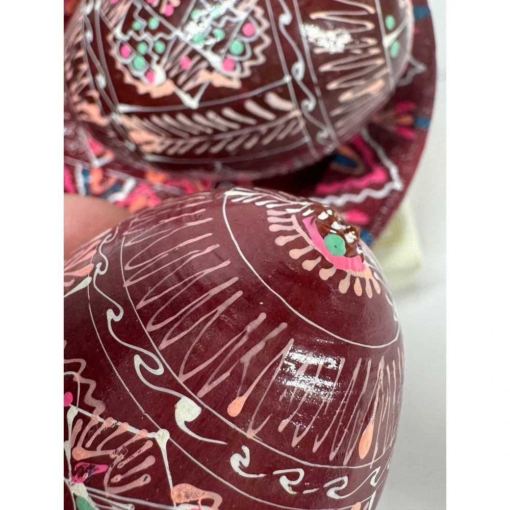 Hand Painted Wooden Easter Egg Set 3 Eggs and Display Plate Burgundy Folk Art
